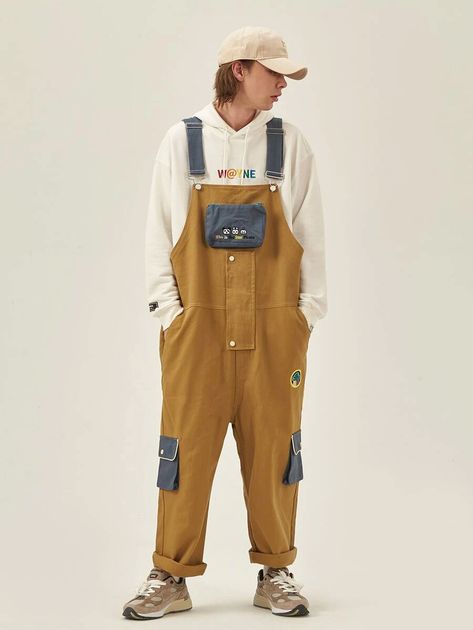 Extended Sizes Men Letter Graphic Hoodie & Cartoon Embroidery Denim Overall | SHEIN Jumpsuit Outfit Men, Overall Outfit Ideas, Stylish Overalls, Interesting Dress, Men In Overalls, Overall Men, Dungaree Outfit, Men Overall, Overalls Outfits