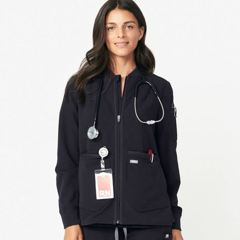 women's Black Bellery - scrub jacket– FIGS Cute Nursing Scrubs, Women's Lab Coats, Stylish Scrubs, Medical Scrubs Outfit, Doctor Scrubs, Scrub Style, Cute Scrubs, Scrubs Outfit, Nursing Fashion