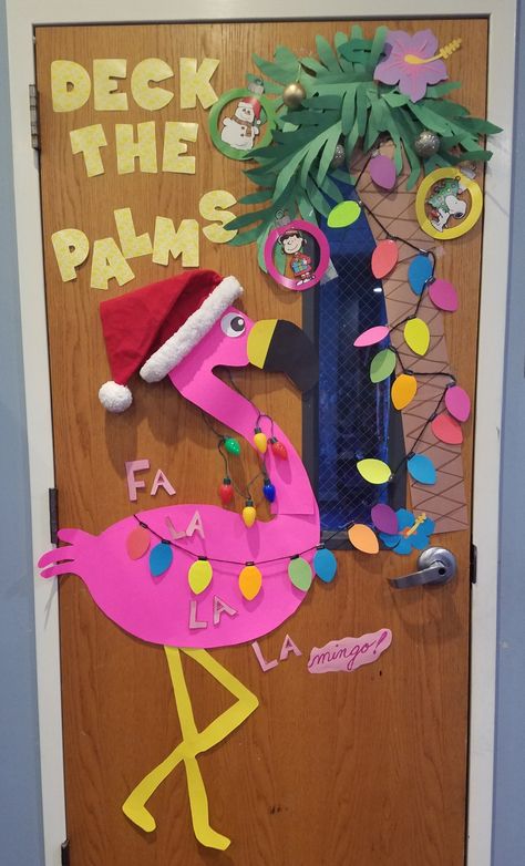 Hawaiian Themed Classroom Ideas, Tropical Outdoor Christmas Decorations, Christmas Cactus Door Decoration, Deck The Palms Christmas, Beach Christmas Office Decorations, Christmas In July Bulletin Board, Christmas In July Work Ideas, Aloha Christmas Decorations, Pink Christmas Door Decorating Contest