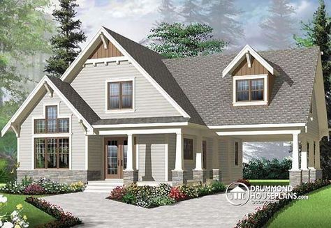 House plan W3507-V1 by drummondhouseplans.com Chalet Architecture, Cape Cod House Plans, Carport Plans, 2 Bed House, Drummond House Plans, Cape Cod Style House, Car Port, Porch Columns, Cottage Style Homes