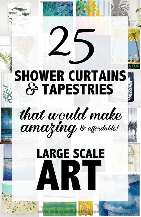 Create large wall art with shower curtains and tapestries. Cheap Giant Wall Art, Using Shower Curtains For Wall Art, Diy Large Wall Art Shower Curtain, Easy Large Artwork Diy, Cheap Picture Wall Ideas, Framed Shower Curtain Wall Art, Easy Large Wall Art, Diy Large Decor, How To Make Large Wall Art