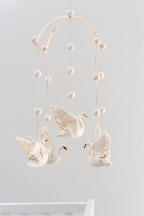 Mobile from Hello Birdie Birdie, product photography by Kelsey Sandoval studios Minimalist photography, baby product photographer, lifestyle photography,e-commerce photography Swan Art, Mobile Nursery, Arlington Va, Felt Balls, Crib Mobile, Scandinavian Decor, Swans, Decor Vintage, Nursery Decor