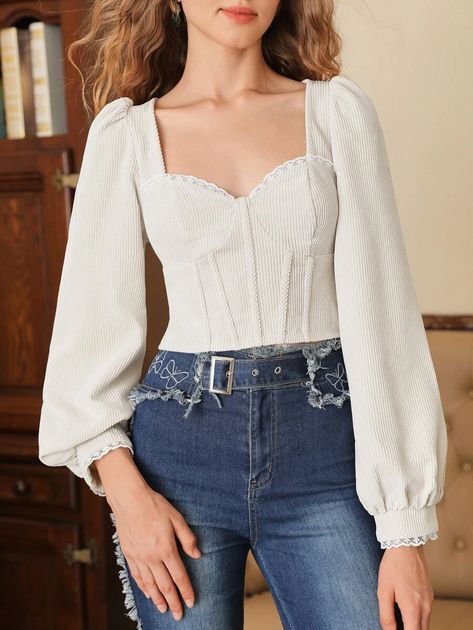 White Puffy Sleeve Top, Intentional Wardrobe, Bustier Blouse, Long Sleeve Corset Top, Bishop Sleeve Blouse, White Corset Top, Corset Outfit, Modest Tops, Corset Shirt