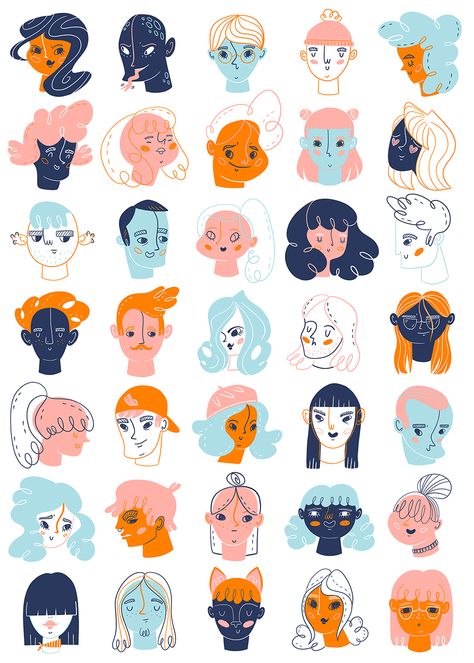 Faces Illustration Simple, Different Styles Of Illustrations, People Illustration Art, Illustration Art People, Brand Character Design, Illustrated Faces, Illustration Faces, Illustration Guide, Faces Illustration