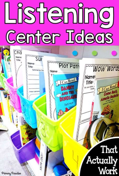 Listening to reading ideas to make your listening centers more organized and engaging for students! Learn where to find books from Steps to Literacy and how to get CD players for free! Also grab 10 free recording sheets! Listening Center Ideas, Kindergarten Listening Center, 1st Grade Centers, Library Centers, Listening Station, Literacy Centres, Teacher Table, Core Ideas, Listening Center