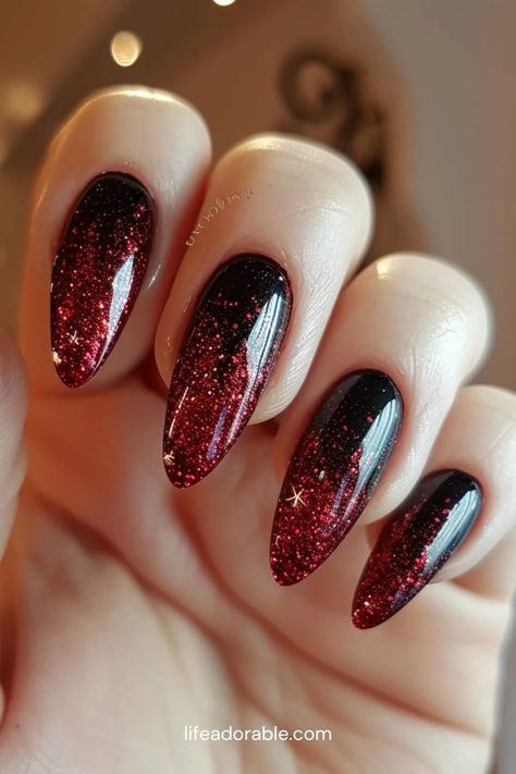 36+ summer nails 2024 nail art inspirations – lifeadorable Red And Black Nails Sparkle, Black To Red Ombré Nails, Burgundy And Black Nails Acrylic, Ombre Nails Inspiration, James Bond Nails, Black And Red Glitter Nails, Red And Black Nails Design Classy, Samhain Nails, Dark Red Ombre Nails