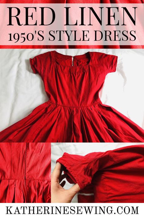 Threads Magazine Sewing Tutorials, Diy Linen Dress, Top Pattern Sewing, Fifties Dress, Vintage Clothes Patterns, Red Linen Dress, Fifties Style, Homemade Dress, Threads Magazine