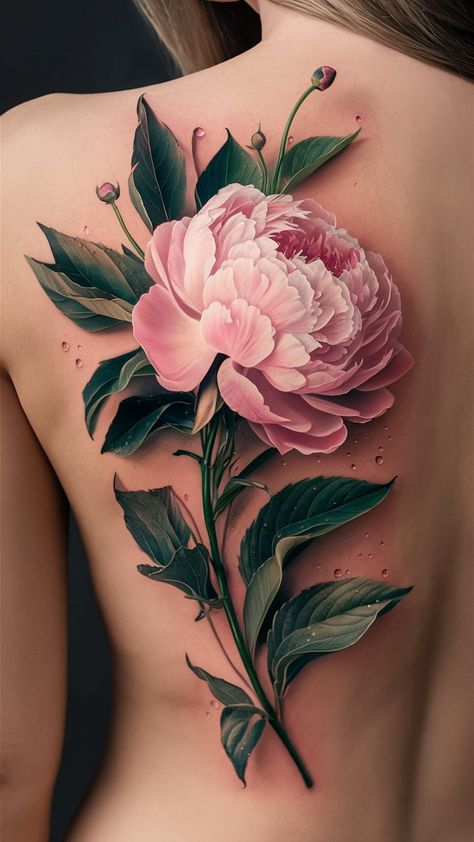 Embrace the beauty of nature with this stunning pink peony tattoo! 🌺 This design captures the lush, full blooms of the peony, symbolizing romance and prosperity. The soft pink hues radiate warmth and femininity, making it a perfect choice for those who cherish grace and elegance. With intricate detailing that brings each petal to life, this tattoo transforms the skin into a canvas of floral artistry, celebrating both beauty and growth. 🌿✨ #PeonyTattoo #FloralArt Peony Tattoo Color Cover Up, Peony Tattoo On Back, Flower Tattoos On Black Women, Colour Peony Tattoo, Moody Floral Tattoo, Pink Peonies Tattoo, Peonie Tatoos, Peony Tattoo Back, Flower Tatoos Woman