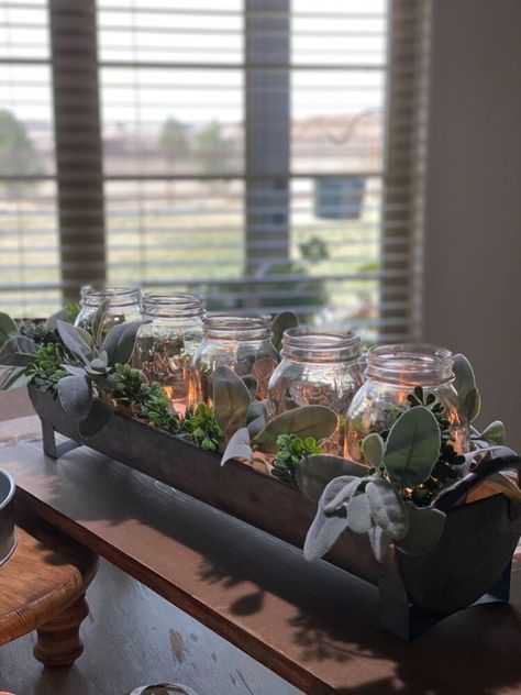 Centerpiece With Candles, Galvanized Trough, Big Jars, Metal Trough, Diy Chalkboard Sign, Drum Shade Chandelier, Mini String Lights, The Usual Suspects, Chicken Feeder