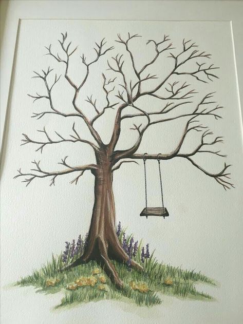 Tree With Initials Drawing, Finger Tree Painting, Finger Tree Painting Wedding, Finger Print Tree Wedding, Wedding Tree Painting, Unique Family Tree Ideas, Finger Print Painting Ideas, Family Tree Drawing Ideas, Wedding Guest Tree