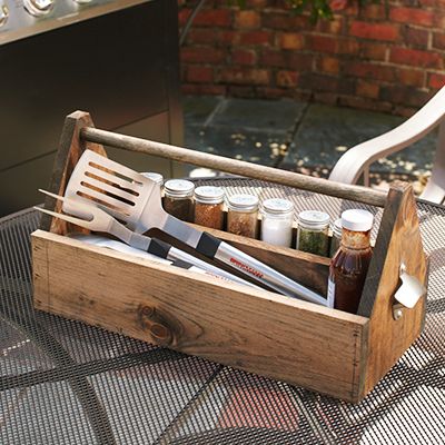 Bbq Tool Storage Ideas Patio, Outdoor Grill Accessories Storage, Bbq Accessories Storage Ideas, Storing Grilling Utensils, Grilling Basket Ideas, Grill Tool Storage Ideas, Grill Gift Basket, Bbq Tools Storage, Grill Accessories Storage