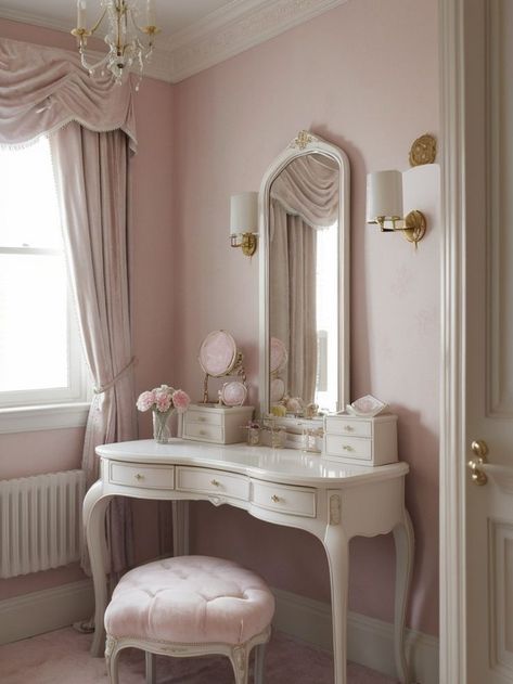 Victorian Pink Bedroom, Pink Victorian Bedroom, Parisian Modern Bedroom, Blair Waldorf Bedroom, Vintage Vanity Aesthetic, Pink Bedroom Accessories, Victorian Room, Feminine Bedroom, Victorian Bedroom