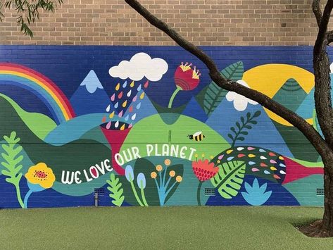 Murals School Wall, Group Mural Ideas, Environment Doodle Art, Art Murals School, Wall Mural School, Mural School Wall, Playground Mural Ideas, School Graffiti Wall Ideas, Summer Mural Ideas