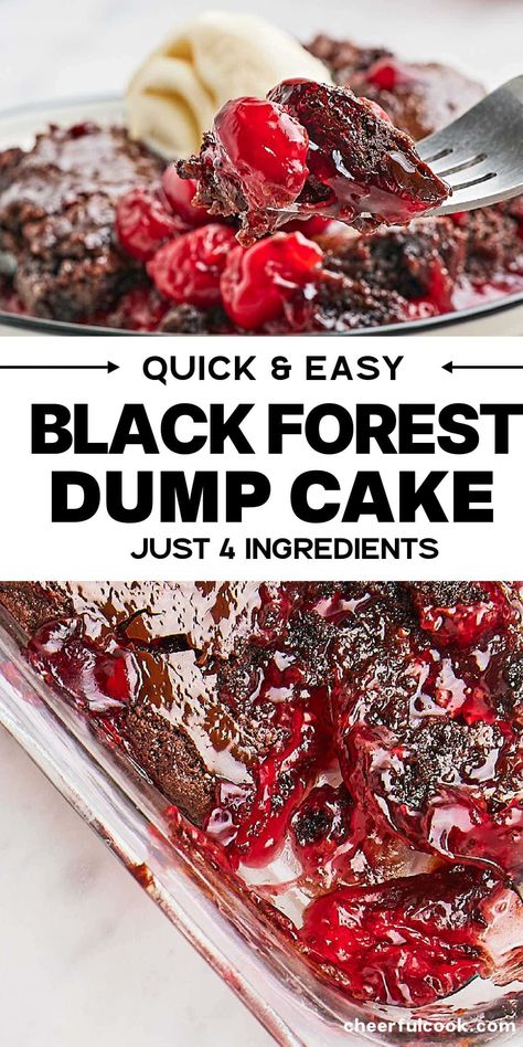 Get ready to enjoy our delightfully simple Black Forest Dump Cake. This recipe brings the magic of chocolate and cherries together to create an oh-so-tempting treat you just can't resist! Great for any occasion - be it a birthday bash, a cozy dinner, or just because. #cheerfulcook #BlackForestDumpCake #DumpCake #EasyDesserts #CherryChocolate Chocolate Cherry Cake 3 Ingredient, Black Cherry Chocolate Cake, Dump Cherry Cake, Chocolate Cherry Brownie Dump Cake, Black Forest Dump Cake Recipes Chocolate Cherry, Easy Dump Cake Recipe Chocolate, Dump Cake With Chocolate Cake, Black Cherry Cake Recipe, Black Cherry Forest Cake