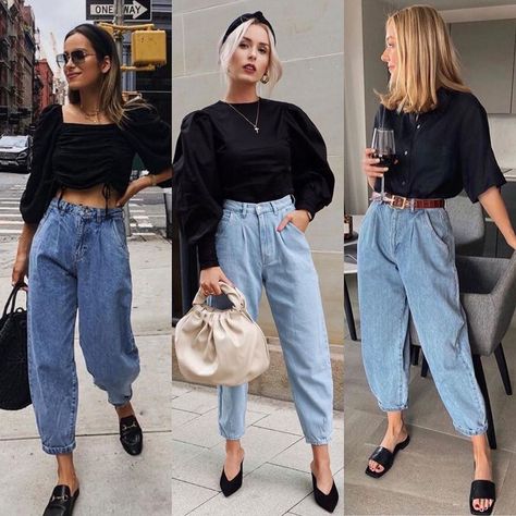 Slouchy Pants Outfit, Denim Joggers Outfit, Slouchy Jeans Outfit, Slouchy Outfit, Joggers Outfit Women, How To Focus, Outfit Elegantes, Black Beret, Blue Jean Outfits