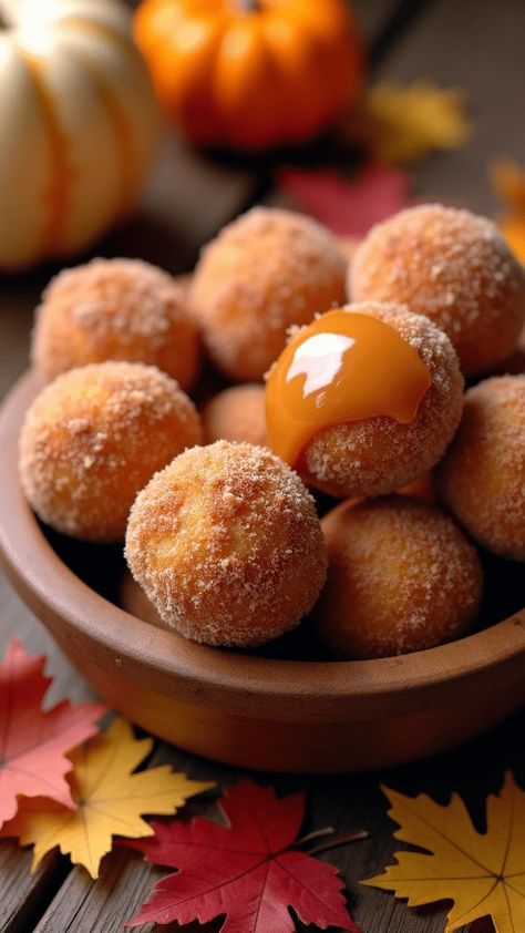 Apple Cider Donut Holes with Caramel Glaze Thanksgiving Donuts Ideas, Apple Cider Desserts, Apple Cider Donut Holes, Apple Cider Donuts Recipe, Best Apple Cider, Creamy Pudding, Caramel Glaze, Donut Holes, Apple Cider Donuts