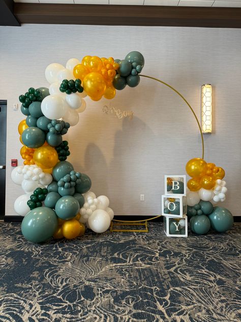 White, gold, green circle balloon arch for baby shower Circle Arch Backdrop Balloons, Ballon Garland Circle Backdrop, Full Circle Balloon Arch, Circle Balloon Garland, Semi Circle Balloon Arch, Bridal Shower Balloon Arch Circle, Round Balloon Arch, Circle Balloon Arch, Balloon Ring