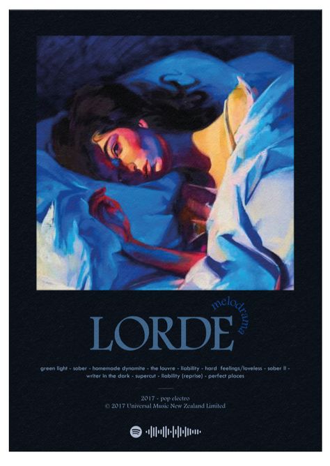 A  Lorde melodrama poster (2017) blue blanc Spotify code Lorde Poster, Music Poster Design, Artist Wall, Dorm Posters, Movie Poster Wall, Picture Collage Wall, Melodrama, Vintage Poster Art, Cute Poster