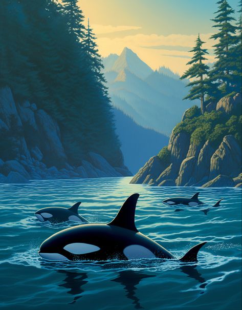 Orca Mural, Orca Whale Painting, Orca Whale Art, Orca Painting, Orcas Swimming, Orca Art, Landscape Painting Watercolor, Whale Painting, Dolphin Art