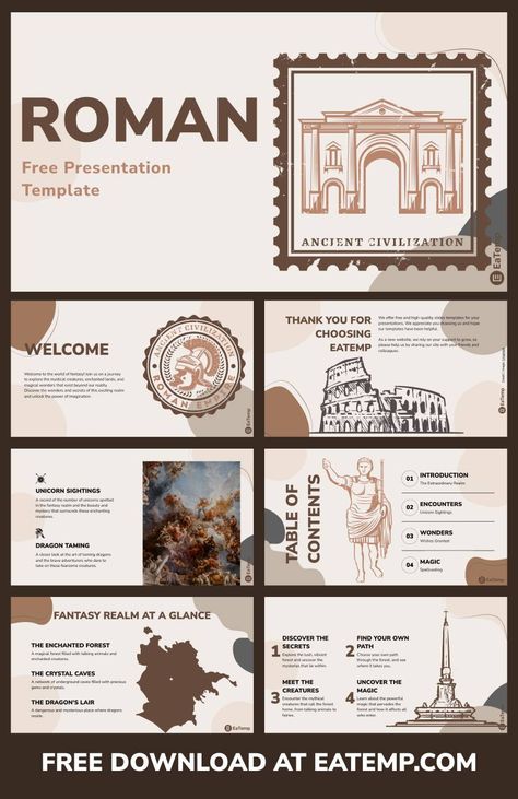 La Roman PowerPoint Template & Google Slides Theme  Elegant and modern PowerPoint template and Google Slides theme with a minimalist design. Perfect for presentations about history, art, architecture, and more. Download now and impress your History Brochure Design, Powerpoint Presentation Ideas, Ppt Ideas, Ppt Template Design, Powerpoint Slide Designs, Presentation Design Layout, Slides Design, About History, Google Slides Theme