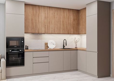 Box Kitchen Ideas, Kitchen Ideas Wood And White, Kitchen White And Brown Modern, Wooden Beige Kitchen, Cream Wood Kitchen, Beige Kitchen Wood Countertop, Beige Color Kitchen, Beige And Wood Kitchen, Kitchen White And Wood