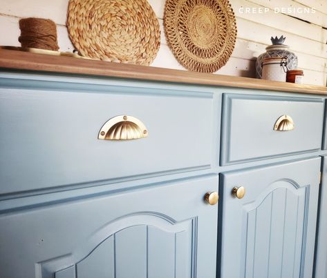 Blue Buffet Cabinet, Buffet Flipping Ideas, Coastal Sideboard Buffet, Coastal Buffet, Buffet Upcycle, Blue Buffet, Upcycle Buffet, Upcycled Buffet, Blue Sideboards And Buffets