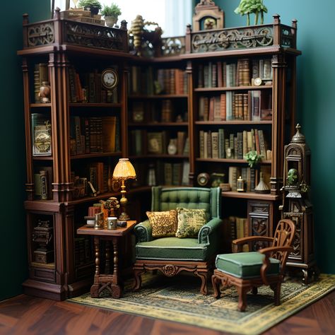 miniature scale green themed library, wooden furniture, victorian style Victorian Bookshelves, Victorian Library Room, Doll House Library, Victorian Bookshelf Aesthetic, Victorian Miniatures, Victorian Shelving, Dark Academia Dollhouse, Victorian Shelf, Miniature Library