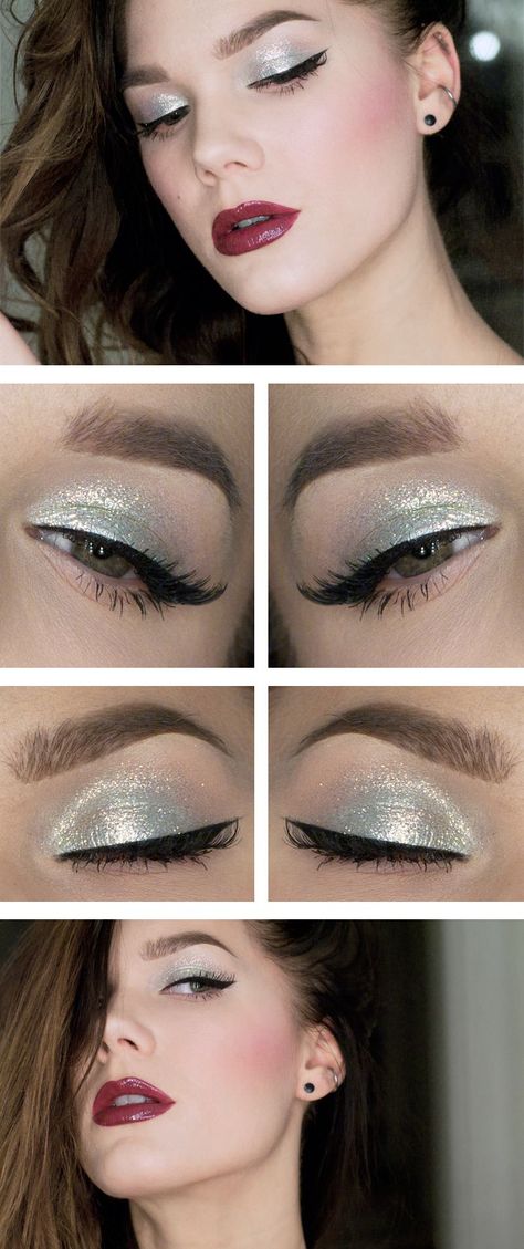 White iridescent eyeshadow w/ dark lips-winter look Cake Eyeliner, Silver Eyes, Make Up Inspiration, Linda Hallberg, Wedding Silver, Makeup Wedding, Trendy Makeup, Make Up Looks, Dior Addict