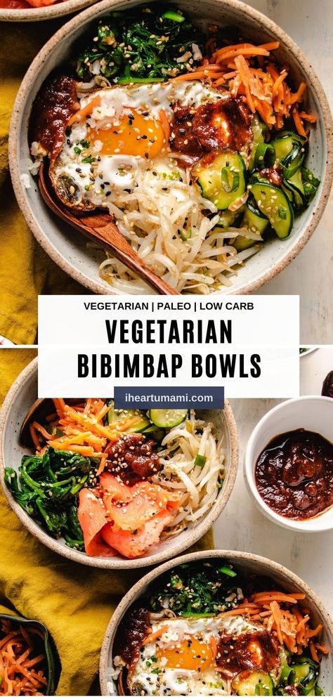 Healthy Bibimbap, Vegetarian Bibimbap, Izakaya Food, Korean Vegetarian Recipes, Umami Recipes, Korean Vegetarian, Bibimbap Sauce, Okinawa Diet, Vegan Bibimbap