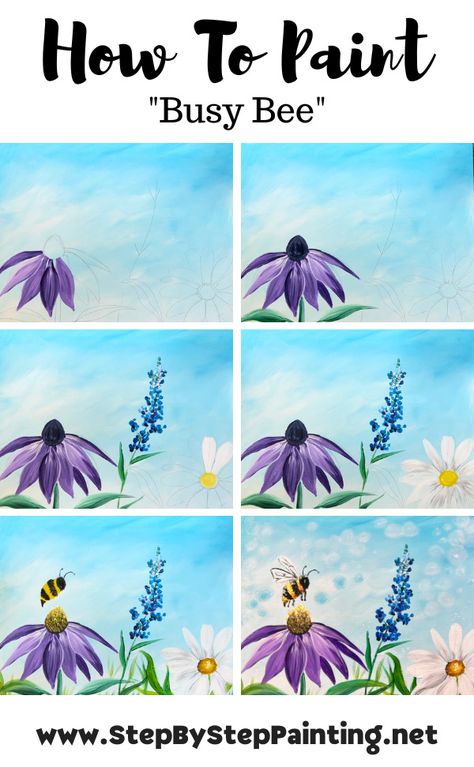 Step By Step Bee Painting, Starter Painting Ideas, Easter Painting Tutorial, Spring Pictures To Paint, Bumble Bee Painting Acrylic Easy, How To Paint Bees, Guided Painting For Kids, Spring Paint Night, Bee Painting Easy