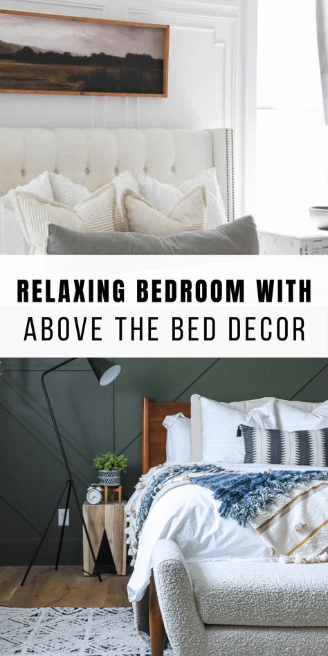 Make a calming retreat in your master bedroom with a statement piece using above bed decor for style and comfort. Over Your Bed Decor Ideas, Art Over Bed Ideas, Headboard Wall Ideas Above Bed, Over Bed Decor Ideas, Pictures Over Bed, Above Bed Ideas, Over The Bed Decor, Fall Bedroom Ideas, Bedroom Wall Decor Above Bed