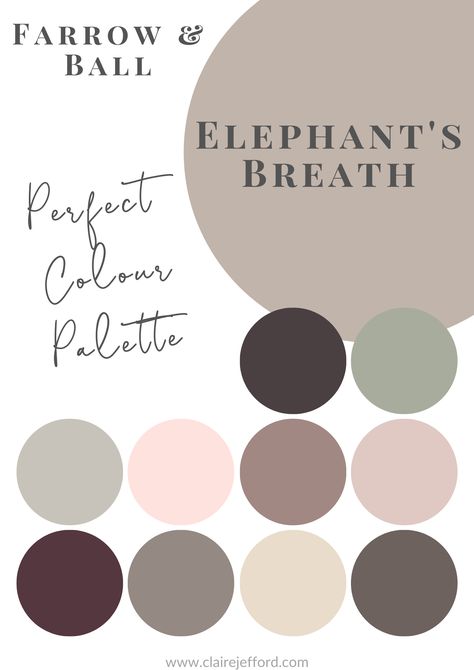 Select colour combinations that will work beautifully together with Elephant's Breath by Farrow & Ball. Our Perfect Colour Palettes help you confidently select the best colour for your home, and then see which trim, ceiling, and accent colours pair well with your selected colour. Choose the perfect interior paint colours the first time, every time. Elephant Breath Kitchen Cabinets, Elephants Breath Kitchen Cabinets Farrow Ball, Mink Coloured Living Room, Mink Colour Bedroom, Color Palette For Bedroom Colour Schemes, Farrow And Ball Warm Neutrals, Small Hallway Colour Schemes, Mink Colour Palette, Lounge Decor Color Schemes