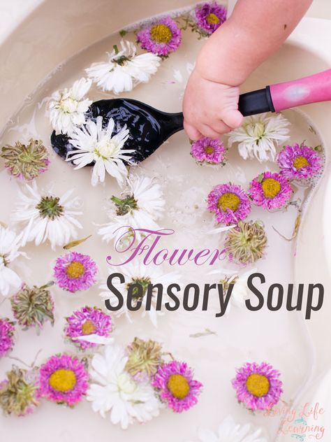 My toddler loves water play! This time, I threw in some fresh flowers that were just about to fade, and this quick and simple Flower Sensory Soup kept him entertained for a long time! Flower Sensory, Toddler Sensory, Spring Preschool, Sensory Table, Toddler Snacks, Sensory Bin, Spring Theme, Simple Flower, Spring Activities