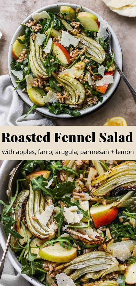 This warm roasted fennel salad combines soft, caramelized fennel slices with sweet + crunchy apples, hearty farro, baby arugula, freshly-shaved parmesan, and a bright + simple lemon-garlic dressing. Only 8 ingredients, it packs in so much flavour and is a delicious side salad recipe for all occasions. Gluten-free and vegan options available, too! Roasted Fennel Salad, Fennel And Apple Salad, Salad With Apples, Winter Salad Recipes, Fennel Recipes, Shaved Parmesan, Apple Salad Recipes, Side Salad Recipes, Roasted Fennel