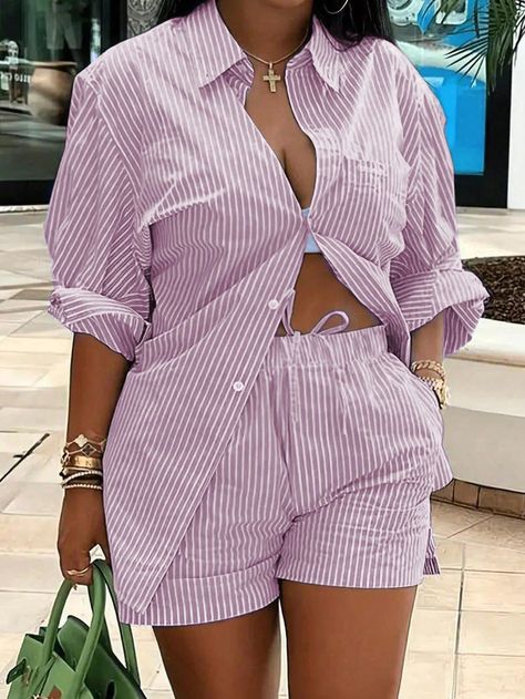 Hot Pink Casual Collar   Striped  Embellished Slight Stretch  Women Plus Clothing Patchwork, Bold Dresses, Stripe Outfits, Striped Long Sleeve Shirt, Women's Wear, Short Set, Plus Size Casual, Outfit Set, Shirt Collar