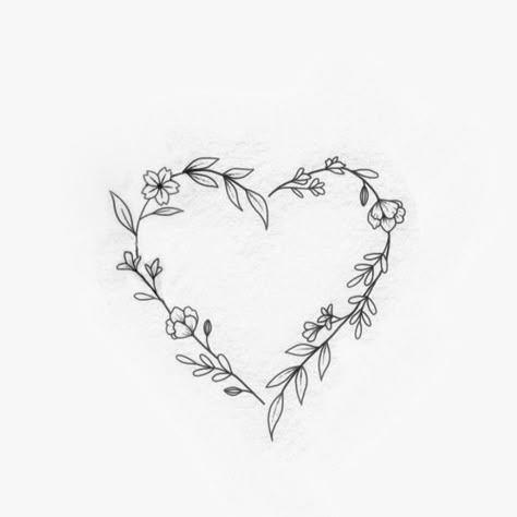 Matching Heart Flower Tattoos, Small Floral Heart Tattoo, Heart Shaped Flowers Tattoo, Little Tattoo Ideas Female, Heart Made Of Flowers Tattoo, Flowers Heart Tattoo, Pretty Heart Tattoos, Heart Wreath Tattoo, Small Floral Tattoo Design