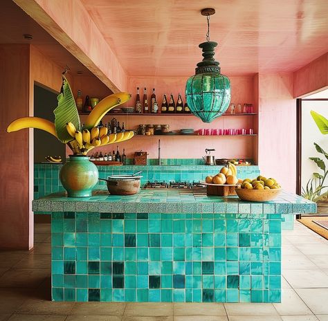 BAPTISTE BOHU | Summer Vacation Home on the French Riviera 🌴 Lime walls in shades of pinks and hues of blues & Greens Architecture & Interior Concept… | Instagram Pink And Green House Interior, Pink And Green Interior Design, French Riviera House, Apartment Flip, Surf Kitchen, Hawaiian Interior Design, Moroccan Style Kitchen, Baptiste Bohu, Surf Bungalow