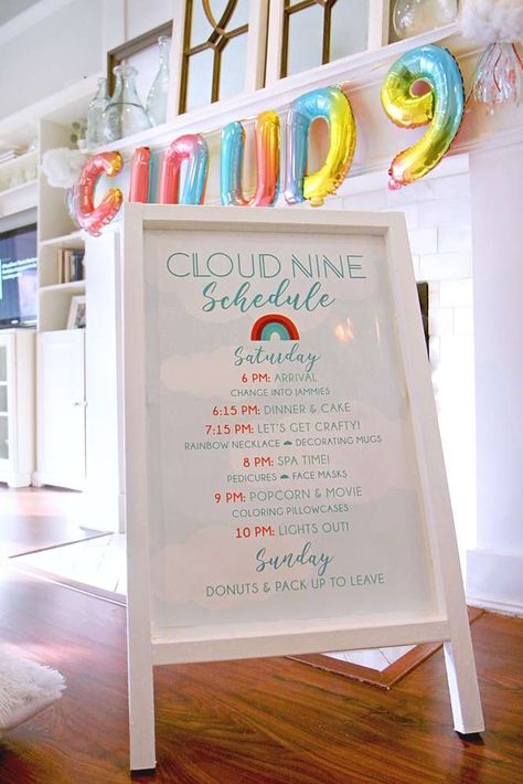 Cloud Nine Sleepover | CatchMyParty.com Late Over Party Ideas, Cloud 9 Birthday Party Ideas Food, Cloud Nine Birthday Party, Cloud 9 Birthday Party, Cloud 9 Birthday, Girls 9th Birthday, Birthday Sleepover Ideas, 9 Birthday, Sleepover Birthday Parties