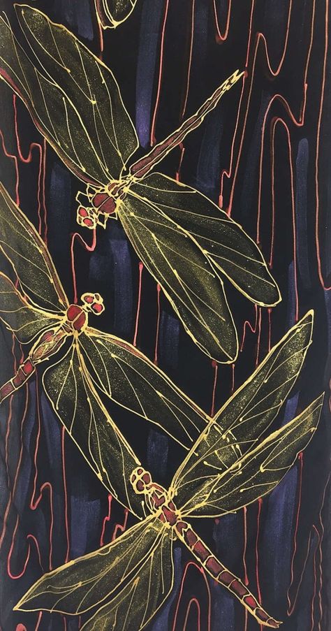 Dragonfly Artwork, Dragonfly Painting, Canvas Painting Ideas, Dragonfly Art, 수채화 그림, Gold And Red, Insect Art, Scarf Silk, Simple Acrylic Paintings