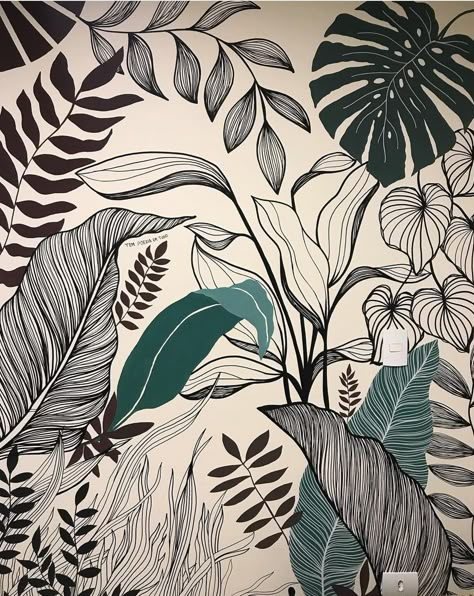 Botanical Mural Wallpaper, Outside Murals Gardens, Tattoo Mural Wall Art, Feature Wall Interior Design, Black Wall Ideas, Boho Mural, Dark Color Schemes, Botanical Mural, Jungle Wall Mural