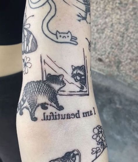 Tattoos For Your Partner, Gender Fluid Tattoo Ideas, Liminal Space Tattoo, Cartoon Dog Tattoo, Possum Tattoo, Silly Tattoos, Tatuaje Studio Ghibli, Aesthetic Tattoo Ideas, Uv Tattoo