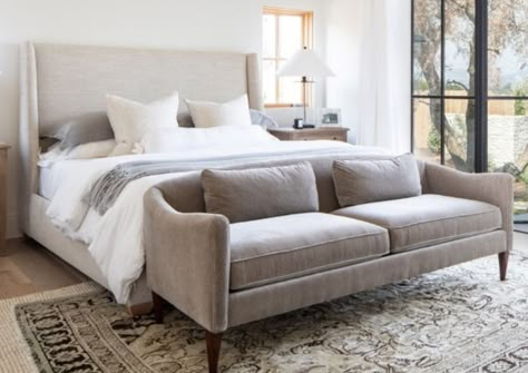 Reupholster sofa in den at end of bed? Sofa In Bedrooms, Loveseat In Front Of Bed, Settee In Front Of Bed, Sofa In Master Suite, Bedroom Ideas With Bench At End Of Bed, Bedroom With Couch At End Of Bed, End Of Bed Chair, End Of Bed Furniture, Chaise Lounge End Of Bed