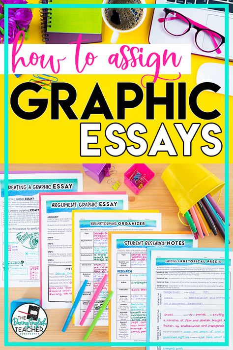 Assigning a graphic essay in your middle school ELA or high school English classroom will be your never favorite essay writing and multimedia ELAR project! #teacher #essay #teachingwriting #highschoolEnglishideas #highschoolEnglishprojects #highschoolEnglish #graphicessay English Art Projects High School, Teaching Writing High School, Ela Enrichment Activities Middle School, High School English Teacher Aesthetic, High School Esl Classroom, English Project Ideas For High School, Writing Projects Middle School, Graphic Essay, English Teacher Classroom