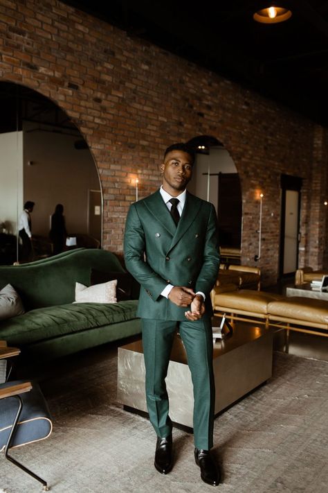 Green Groom Suite, Black Man Green Suit, Men’s Dark Green Suit, Men Hollywood Fashion, Green Suit Black Tie, Dark Green Groomsmen Suits, Dark Green Wedding Suit Grooms, Dark Green Suits For Men, Dark Green Tuxedo Wedding