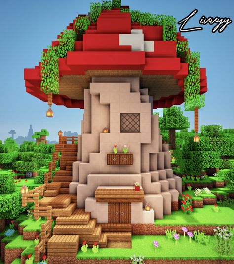 Minecraft Fairy Mushroom House, Cute cottagecore Quirky Minecraft Houses, Cool Minecraft Fountains, Woodland Minecraft Builds, Minecraft Faeriecore, Fairy Core House Minecraft, Mushroom Village Minecraft Ideas, Fairy Town Minecraft, Fairycore Minecraft Builds Vanilla, Fairy Core Minecraft Builds