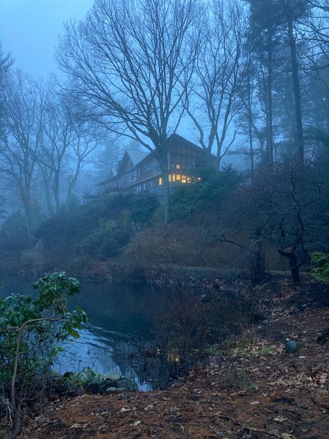 Foggy Cabin Aesthetic, Japanese River Aesthetic, Creepy Cabin Aesthetic, Dark Cabin Aesthetic, House Forest Aesthetic, Dark Forest House, House In Dark Forest, Scary Landscape, Creepy Cabin