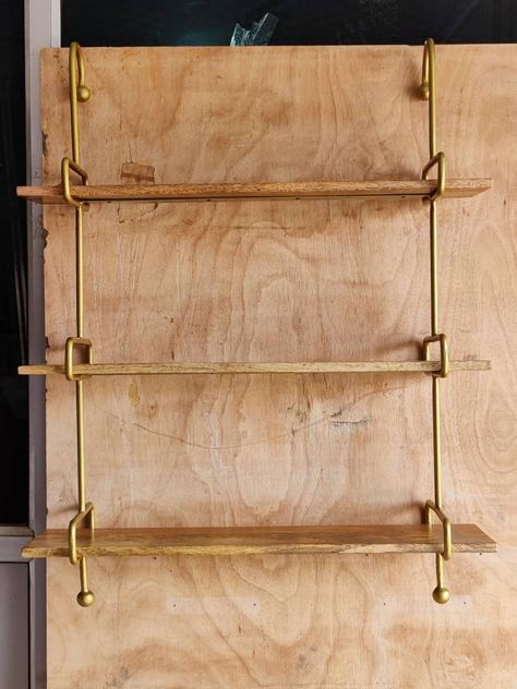 Gold Shelves Wall, Brushed Gold Bathroom Shelves, Gold Floating Shelves Kitchen, Gold Hanging Shelves, Gold Shelves Bathroom, Bar Nook Wall Shelves, Brass Wall Shelves, Plant Shelving Indoor, 1920s Shelves