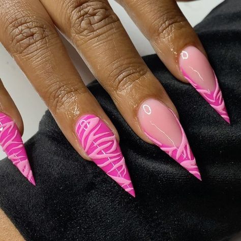 BP 🎀 on Instagram: "• it's FRENCHIE FRIDAYY • featured today are these barbie pink velvet stilettos 💅🏽💖👼🏽 Can y'alll believe i haven't done a stiletto set since 2021??? Like where are my stiletto babes attt?? thank you boo @setsbyzamirahrose for trusting me with your nails 😽🤍 if you're in the greenville area, def check her out! #stilettonails #stilettos #nails #nailsofinstagram #longnails #pinknails #pinkfrenchies #barbienails #zebranails #ncnails #ncnailtech #nailinspo #nailart #nailartist #uncpnails #fayettevillenails" Pink Stellio Nails, Pointy Acrylic Nails Designs, Hot Pink Stiletto Nails Design, Pink Stilletos Nails, Stellio Nails, Lavender Stiletto Nails, Pink Stiletto Nails Designs, Pink Pointy Nails, Stiletto Birthday Nails