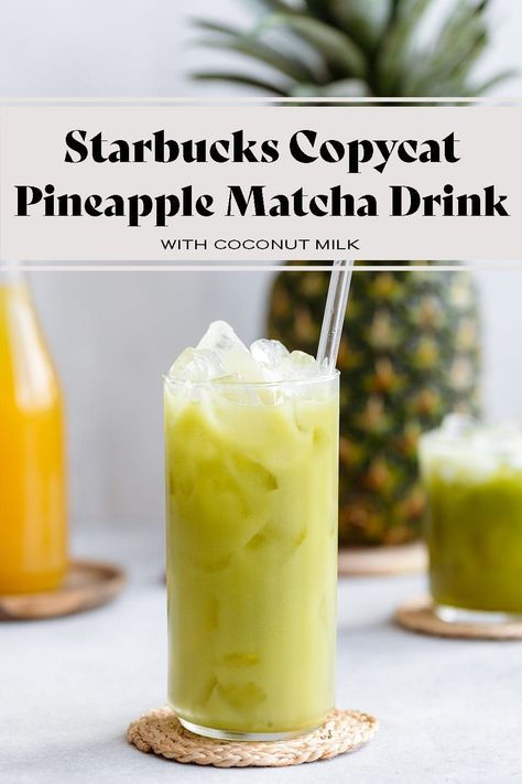 This Starbucks Copycat Iced Pineapple Matcha Drink is the perfect refreshing drink for all matcha tea lovers! It's really easy to make with coconut milk and ginger, and tastes just like the Starbucks version with much less sugar! Matcha contains caffeine and is healthier than coffee so it's the perfect brunch drink. Pineapple Coconut Milk Drink, Pineapple Juice And Coconut Milk, Pineapple Matcha Drink, Pineapple Matcha, Aip Drinks, Coconut Milk Drink, Make Coconut Milk, Peach Green Tea, Alcohol Beverages