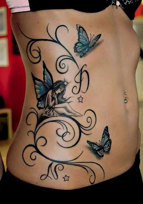 Fairy butterflies blue purple swirls Tattoo Fairy, Pixie Tattoo, Butterfly Tattoos Images, Butterflies Tattoo, Belly Tattoos, Butterfly Tattoos For Women, Fairy Tattoo Designs, Inspiration Tattoos, Geniale Tattoos